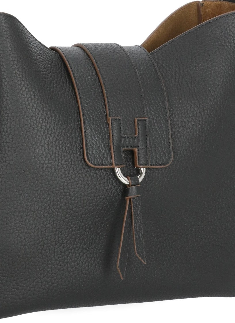 Hogan Black Textured Embossed Logo Leather Shoulder Bag