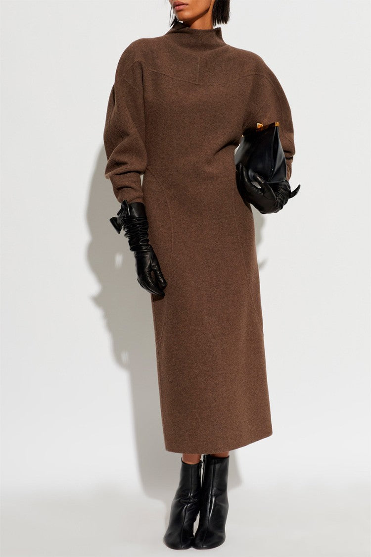 Max Mara Brown Mxstenuta Funnel-Neck Virgin Wool Midi Dress