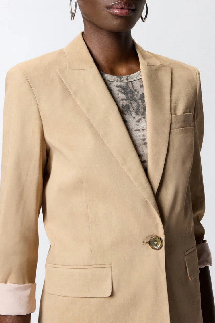 Pinko Beige Freda Single-Breasted Gold Button Linen-Blend Blazer