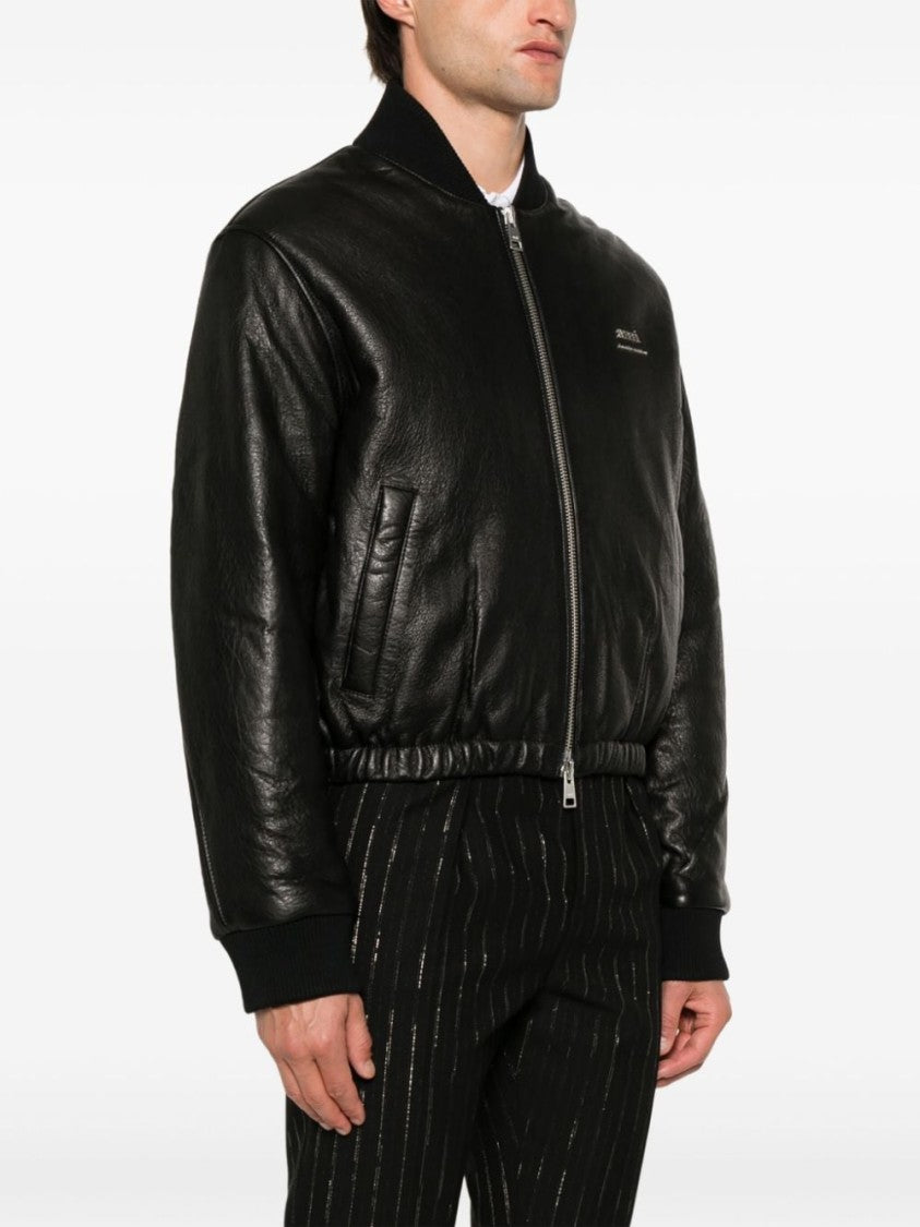 Ami Paris Collarless Black Calf Leather Jacket