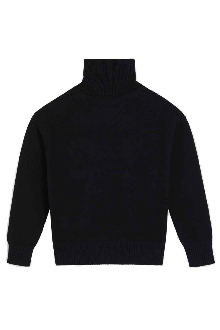 Ami Paris Ribbed Black Wool Turtleneck Sweater With Heart Logo