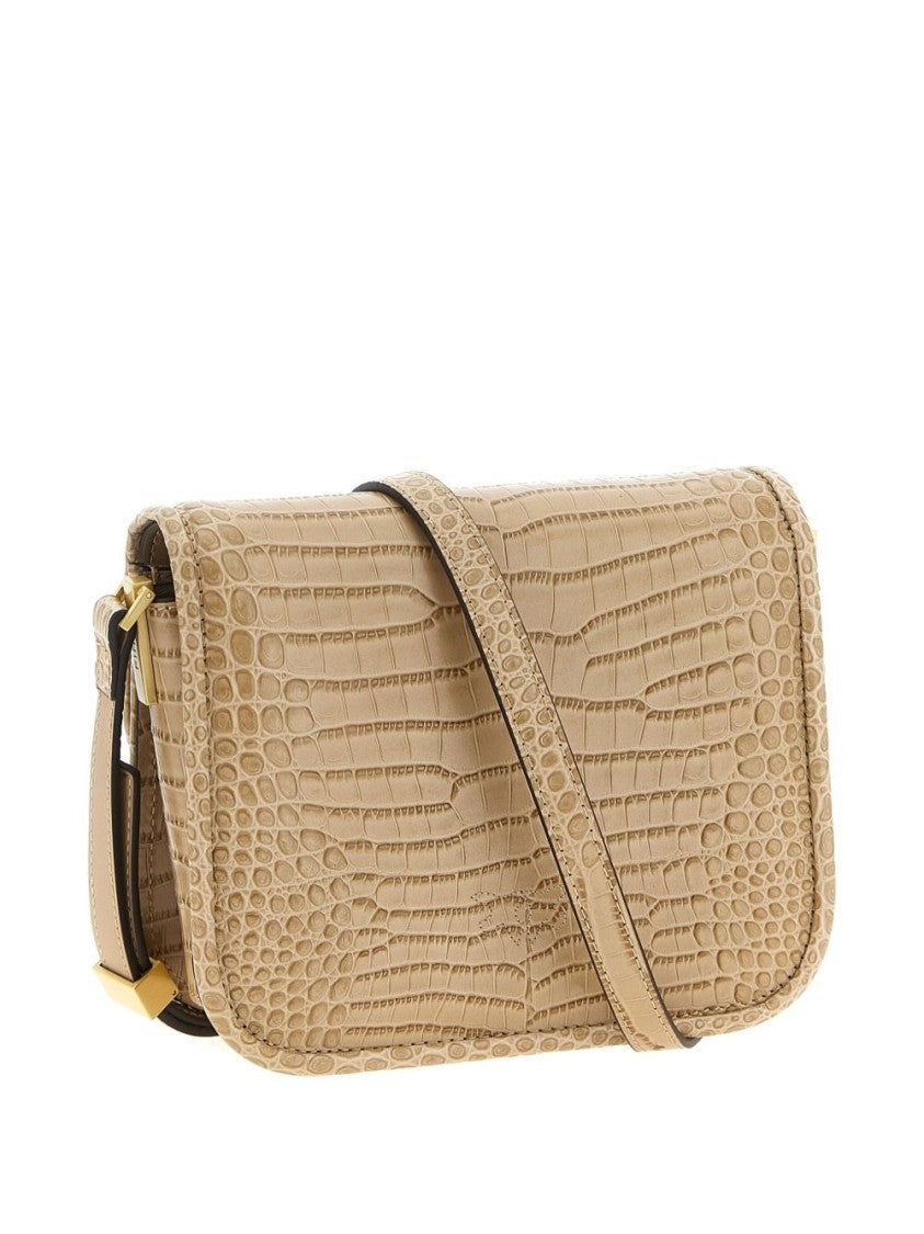 Pinko Crocodile Print Beige Leather Bag With Gold-Tone Closure
