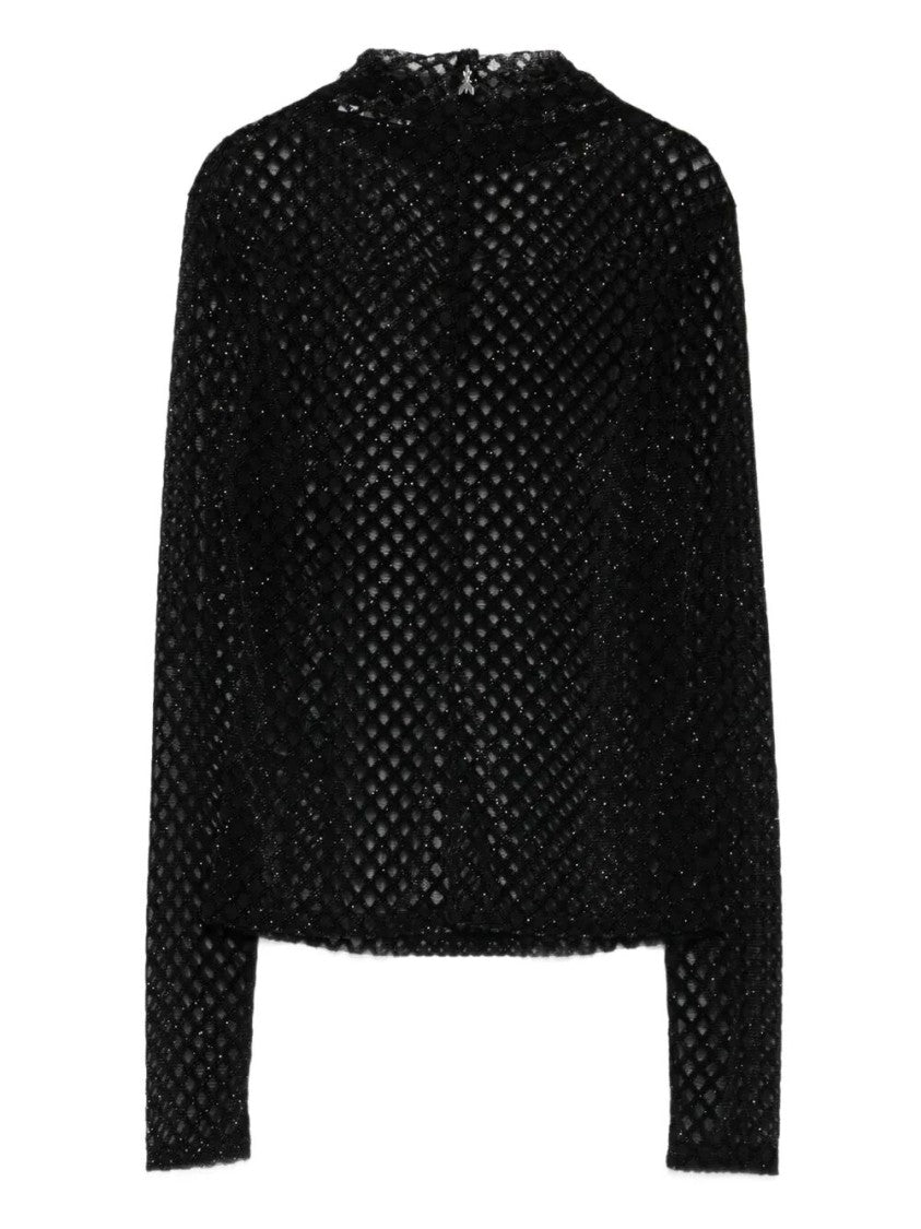 Patrizia Pepe Textured Black High-Neck Top With Long Sleeves