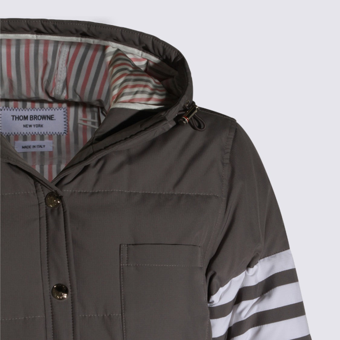 Thom Browne Long Padded Coat With Hood And Distinctive Stripe Detail