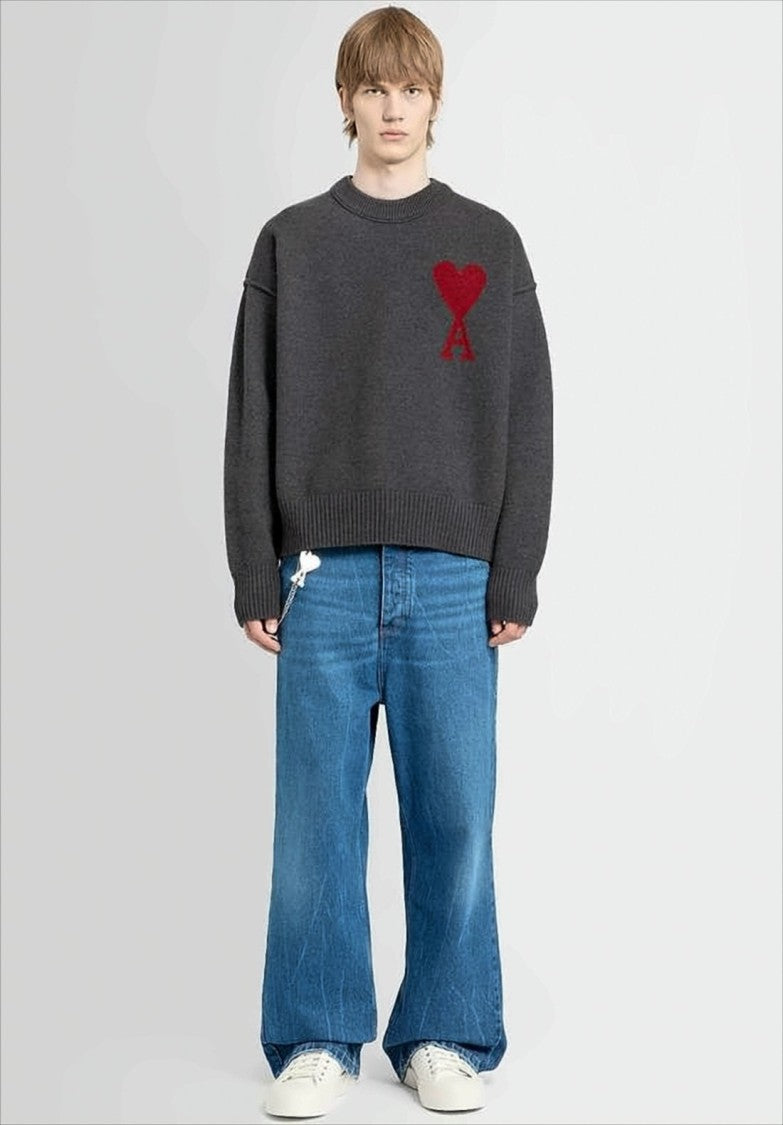 Ami Relaxed Fit Grey Wool Sweater With Heart Emblem
