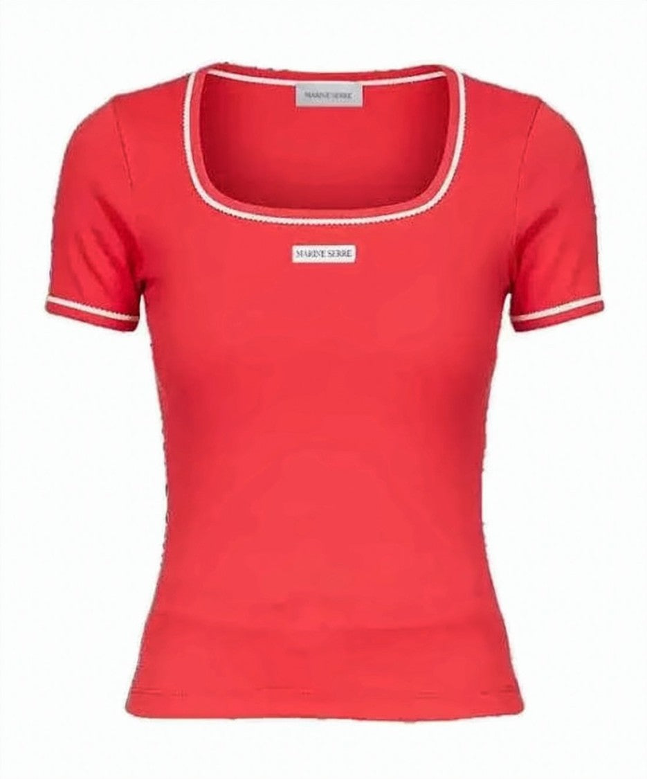 Marine Serre Fitted Red Short-Sleeve Top With Square Neckline And Contrasting Trim