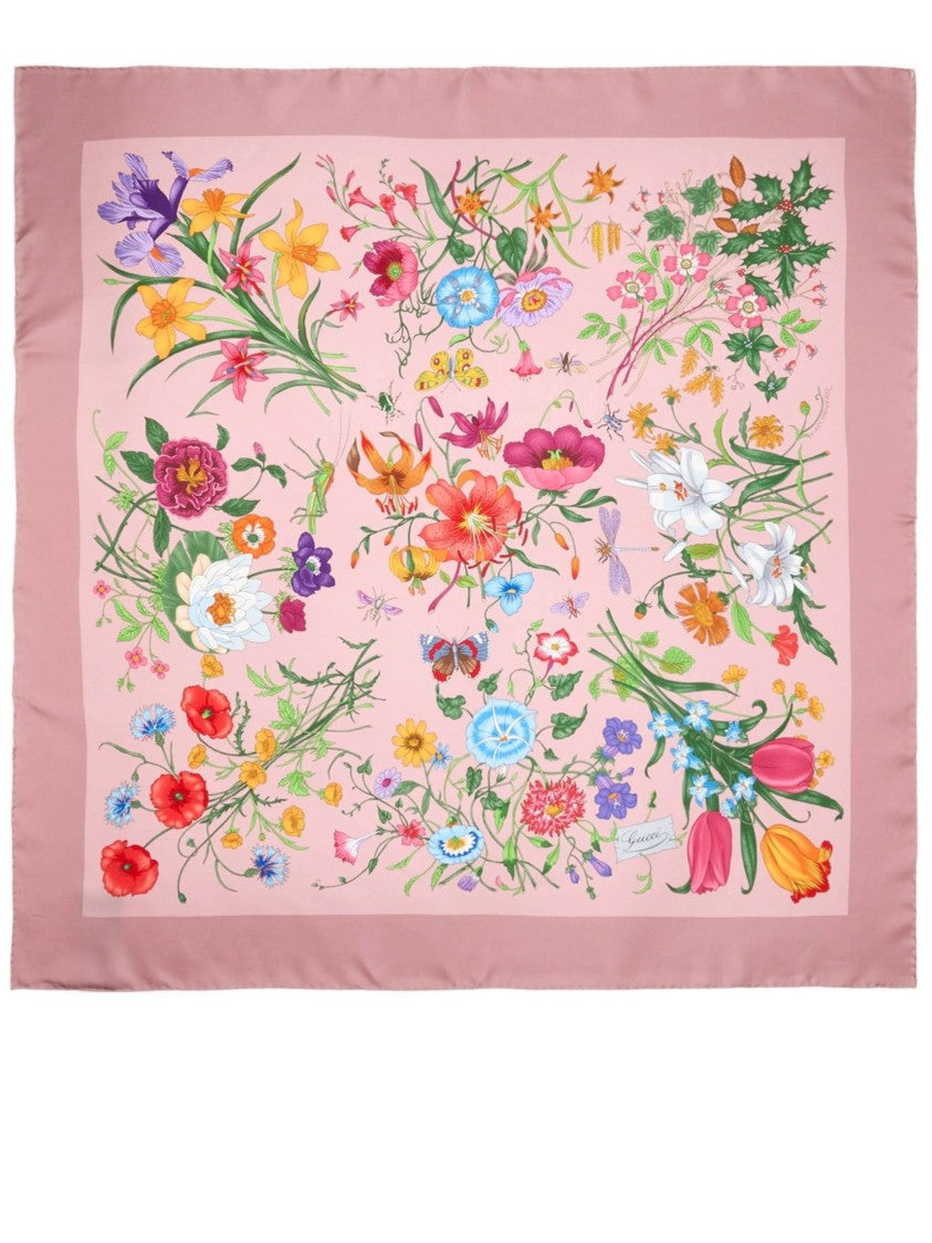 Gucci Pink Flora Red Twill Scarf