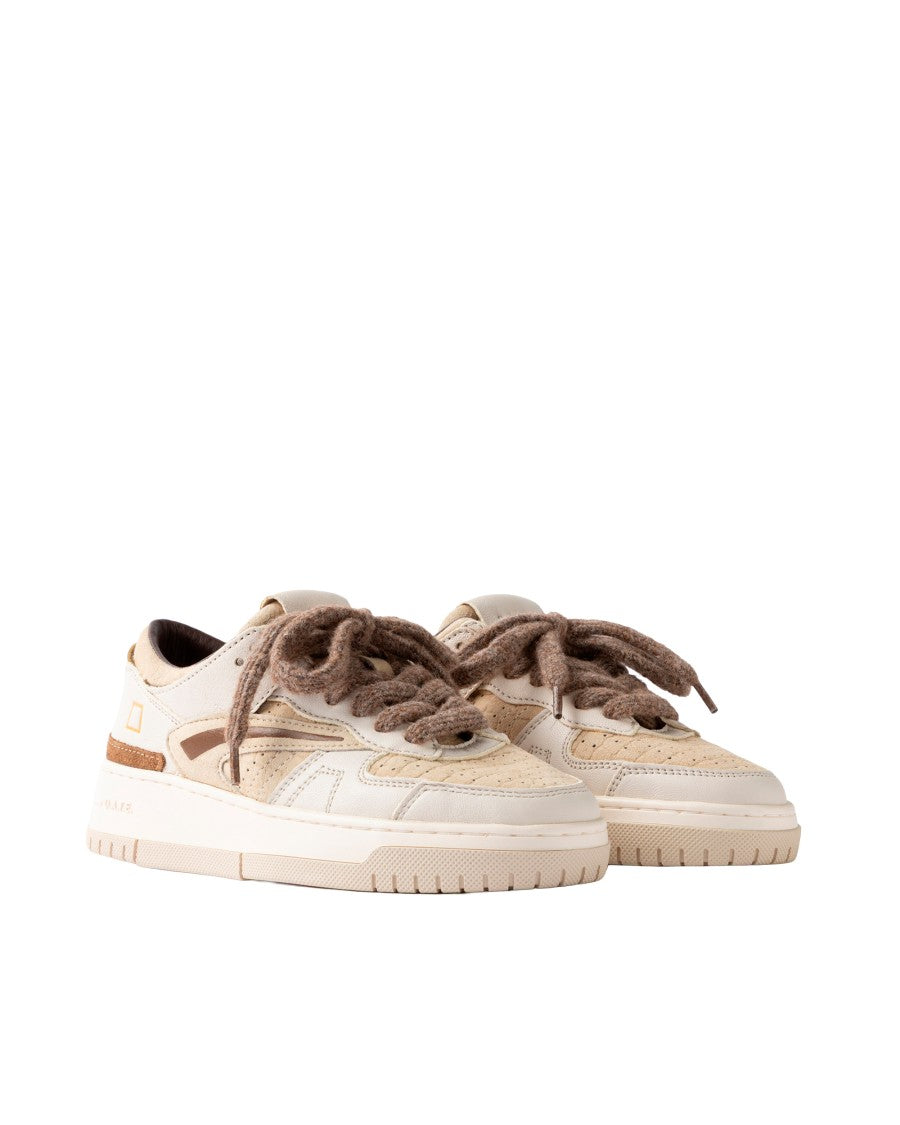 D.A.T.E Beige Crocodile Texture Suede Torneo Sneakers