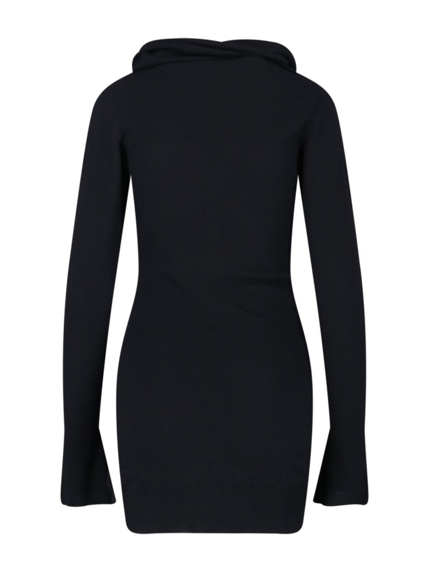 The Attico Asymmetrical Collar Black Dress With Logo Embroidery