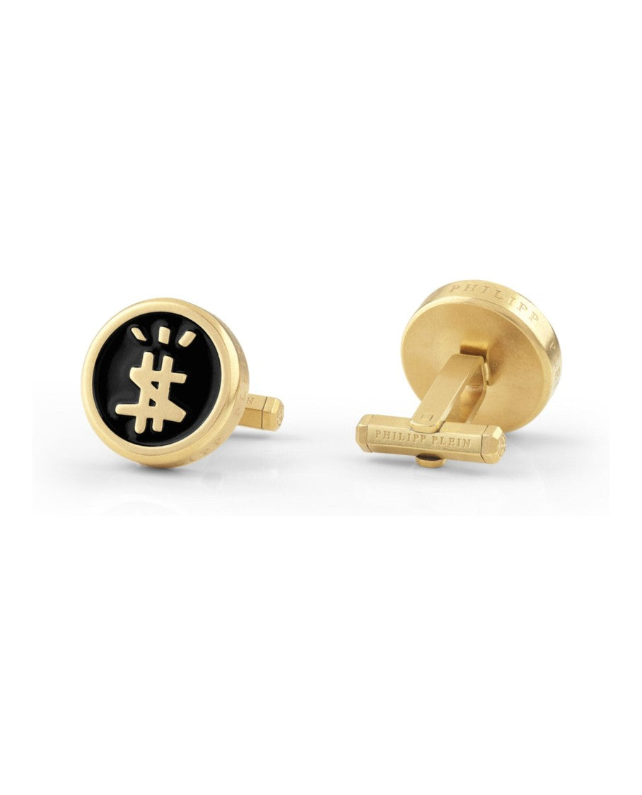 Philipp Plein Black Enamel And Gold Logo Cufflinks