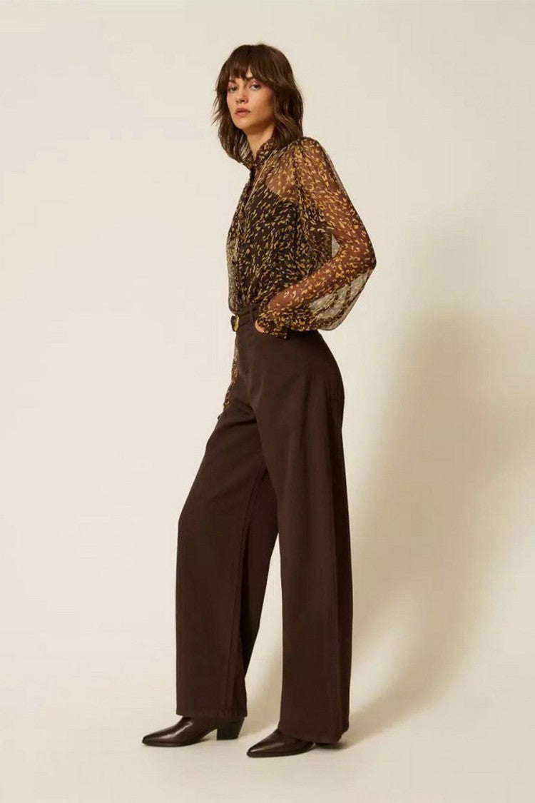 Twin-Set Brown Cotton Buckle-Waist Wide-Leg Trousers