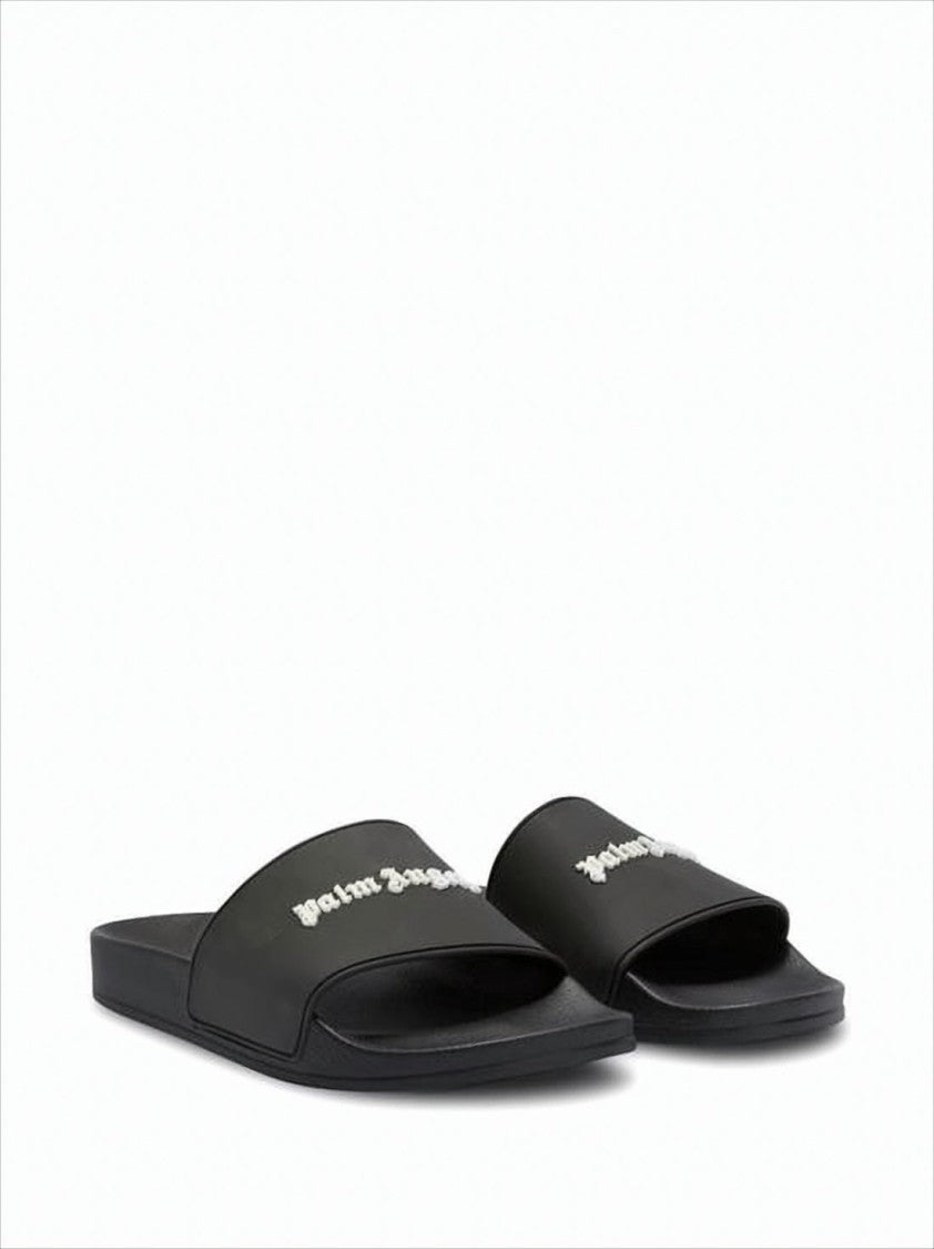 Palm Angels Contemporary Black Slide Sandals With Gothic Lettering