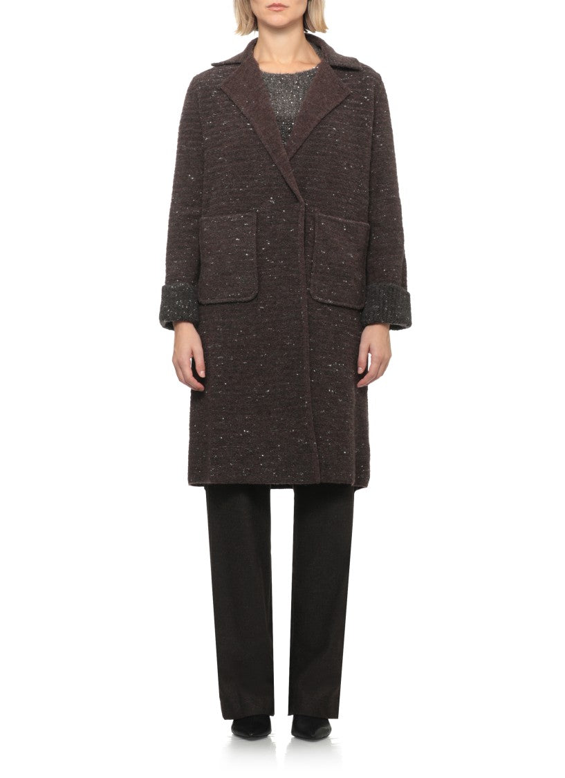 D. Exterior Brown Micro Sequins Classic Lapel Wool Coat
