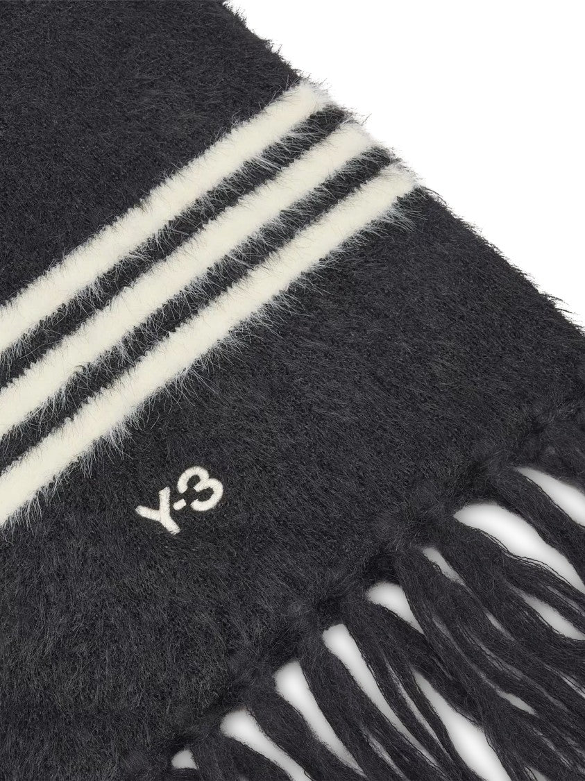 Y-3 Textured Black White Striped Fringed Scarf