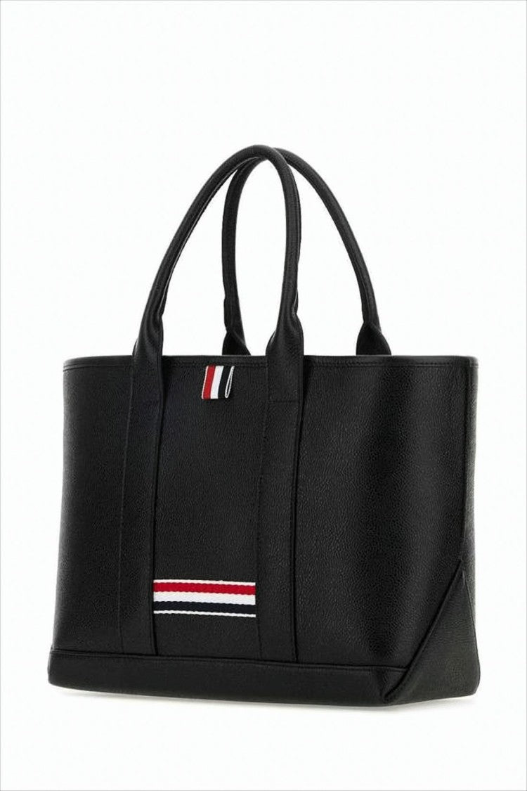 Thom Browne Textured Calf Leather Tote Bag With Striped Fabric Detail