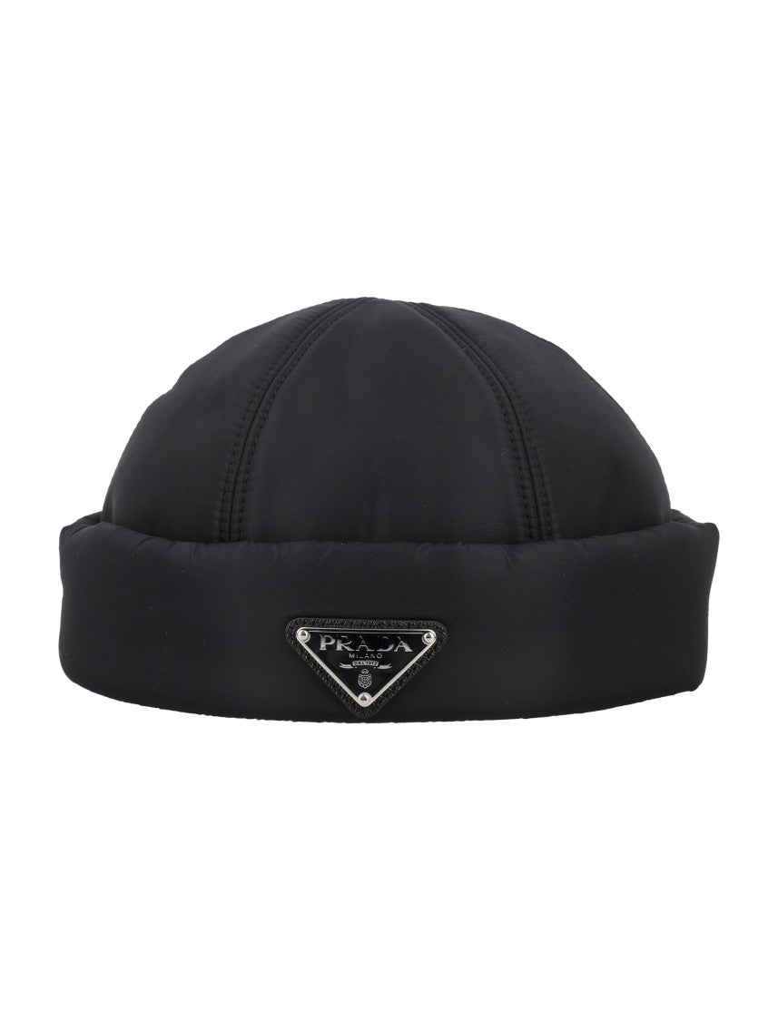 Prada Fold-Over Nylon Beanie With Iconic Logo Plaque