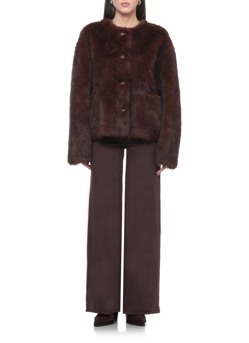 Stand Studio Cropped Brown Faux Fur Jacket With Round Neck