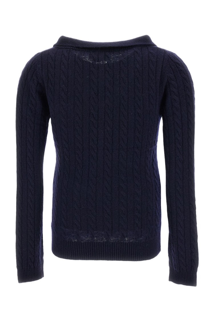 Shushu/Tong Blue V-Neck Chelsea Collar Cable Knit Wool-Lyocell Top