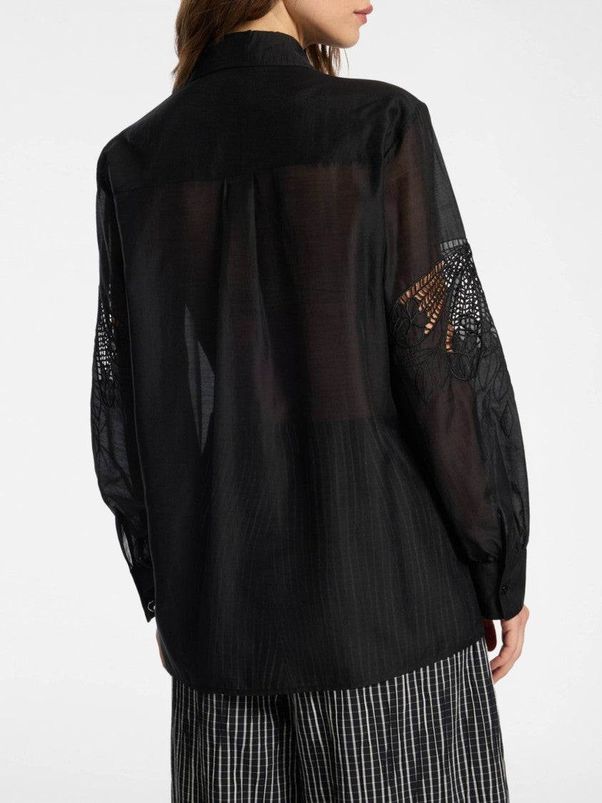 Elena Miro` Sheer Black Lace Detail Silk Blouse