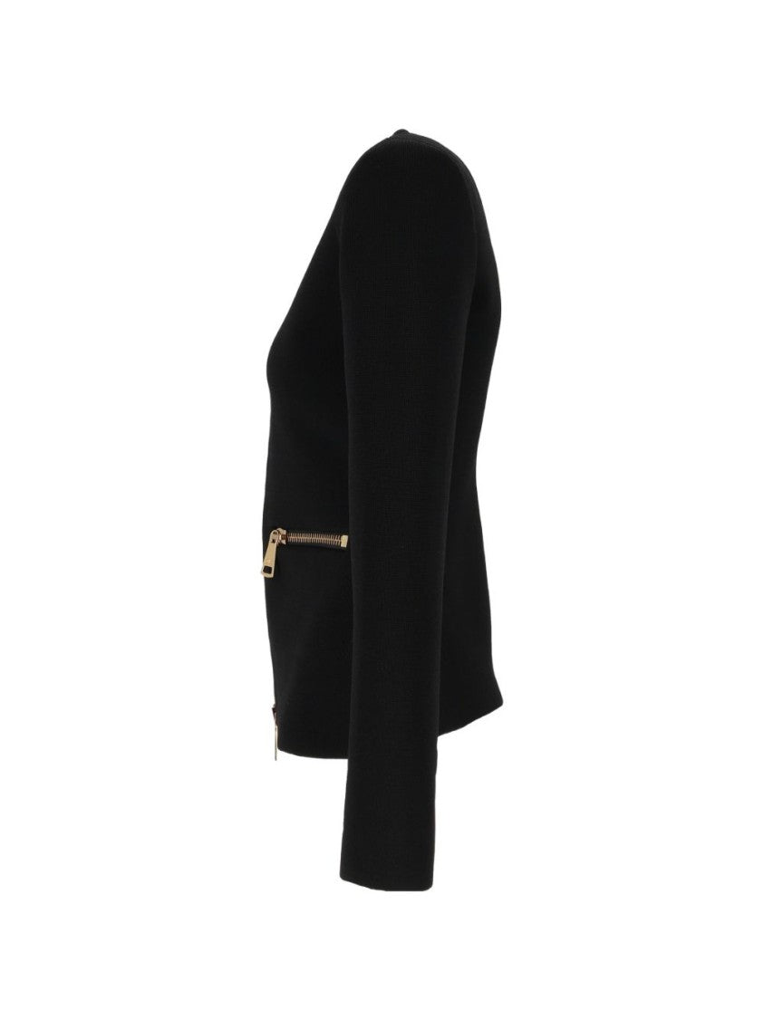 Elisabetta Franchi Slim-Fit Knitted Cardigan With Structured Shoulders And Gold-Tone Zippers