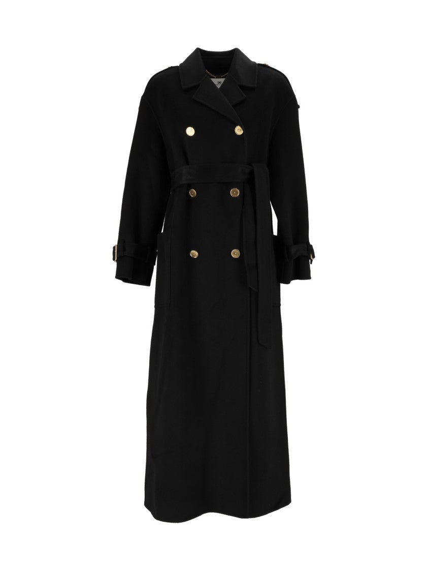 Elisabetta Franchi Double-Breasted Belted Gold Hardware Wool Trench Coat