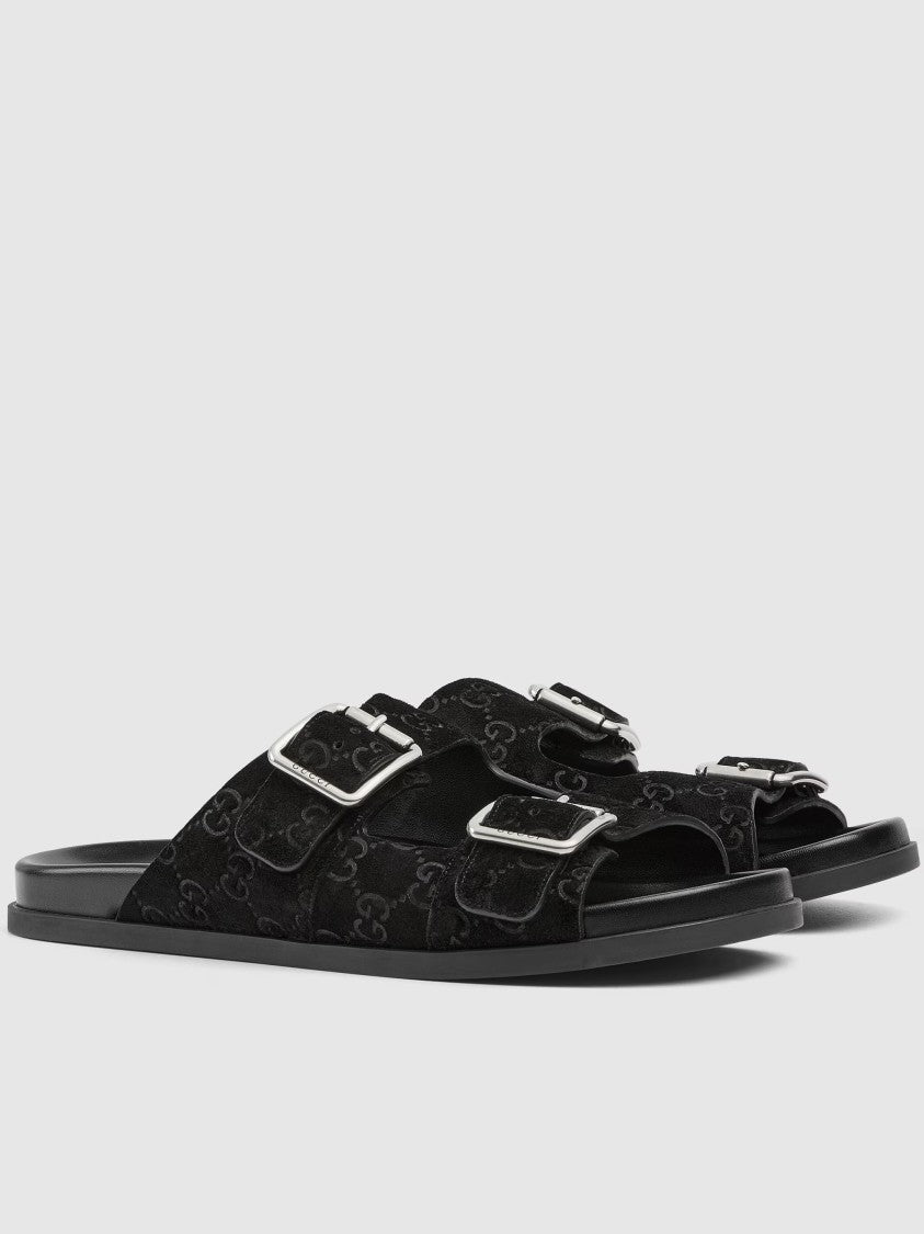 Gucci Black Rhein Open Suede Slide Sandals