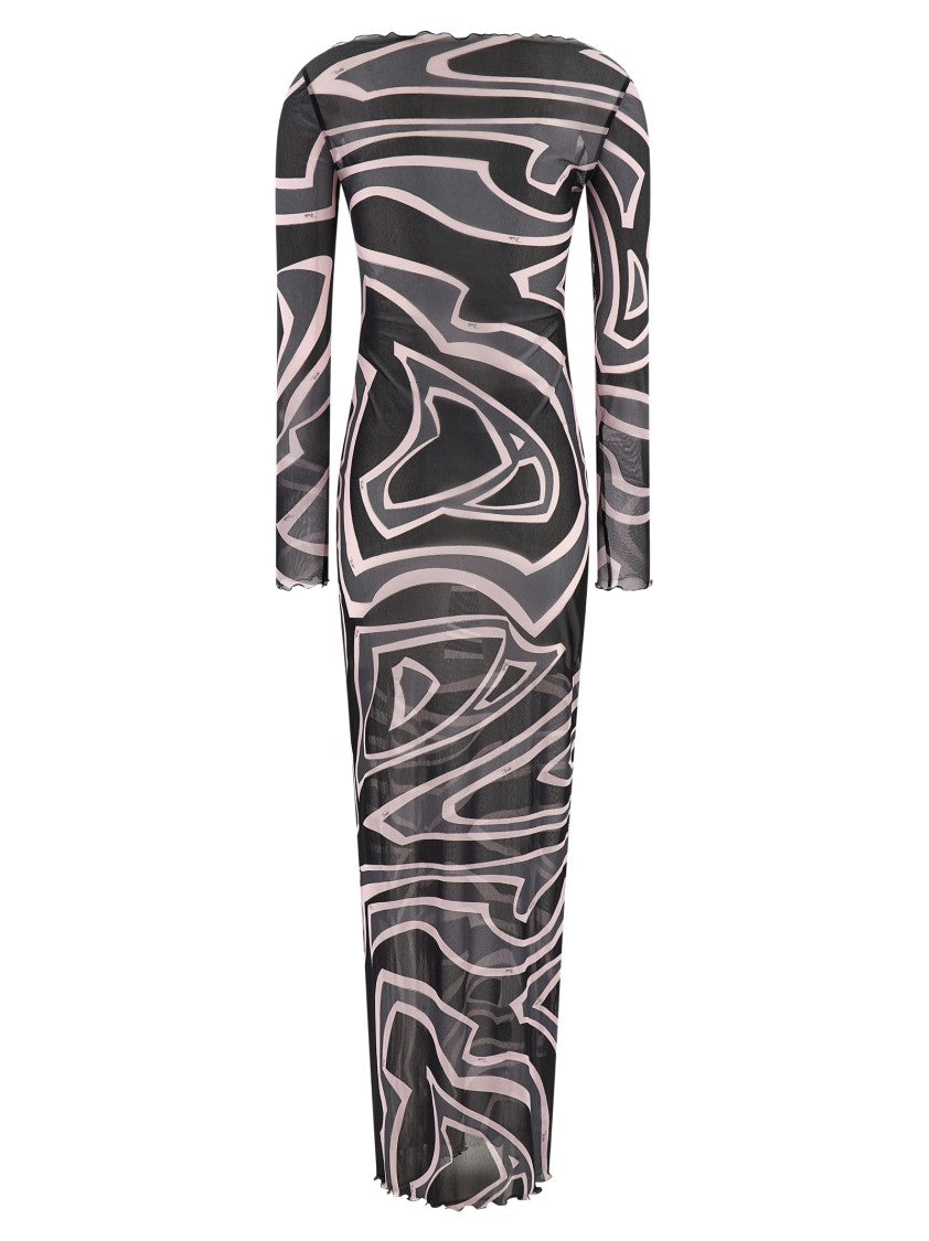 Emilio Pucci Long Marble Print Tulle Dress With Boat Neckline