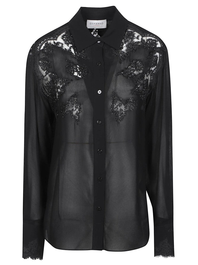 Ermanno Firenze Black Long Sleeve Sheer Viscose Shirt