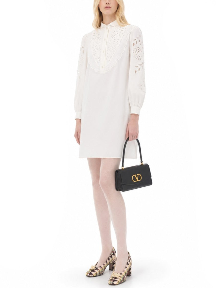 Valentino Crisp Popeline Mini Dress With Scalloped Bib And Embroidered Sleeves