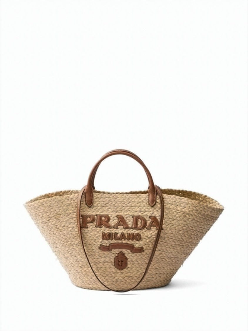 Prada Trapezoidal Raffia Shoulder Bag With Embossed Logo Detail