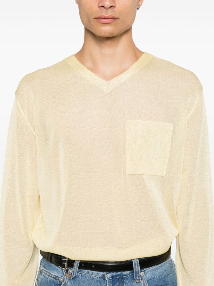 Jacquemus Light Yellow Semi-Sheer Knit V-Neck Sweater