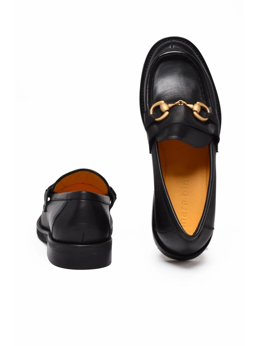 Mara Bini Black Low Heel Gold Accent Leather Loafers