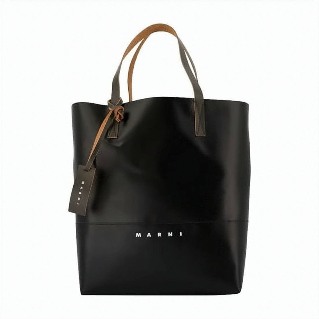 Marni Structured Black Tote Bag With Contrasting Brown Handles And Leather Tag