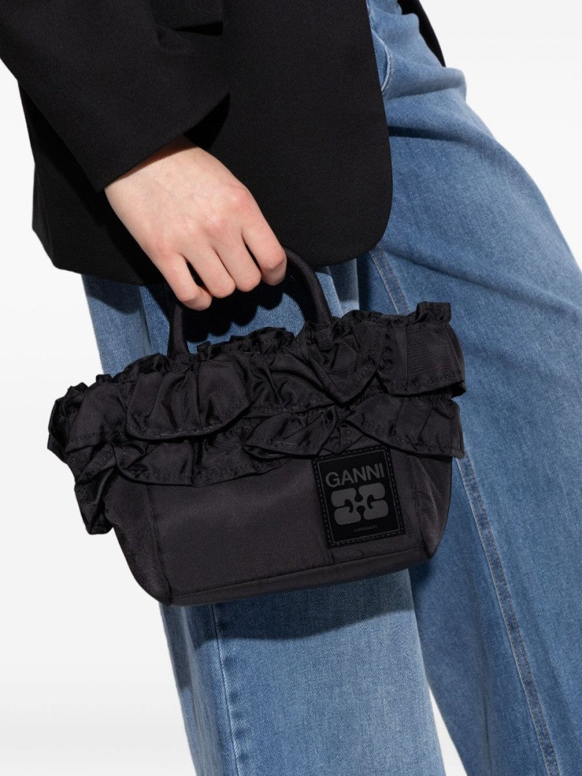 Ganni Structured Black Handbag With Ruffled Detailing
