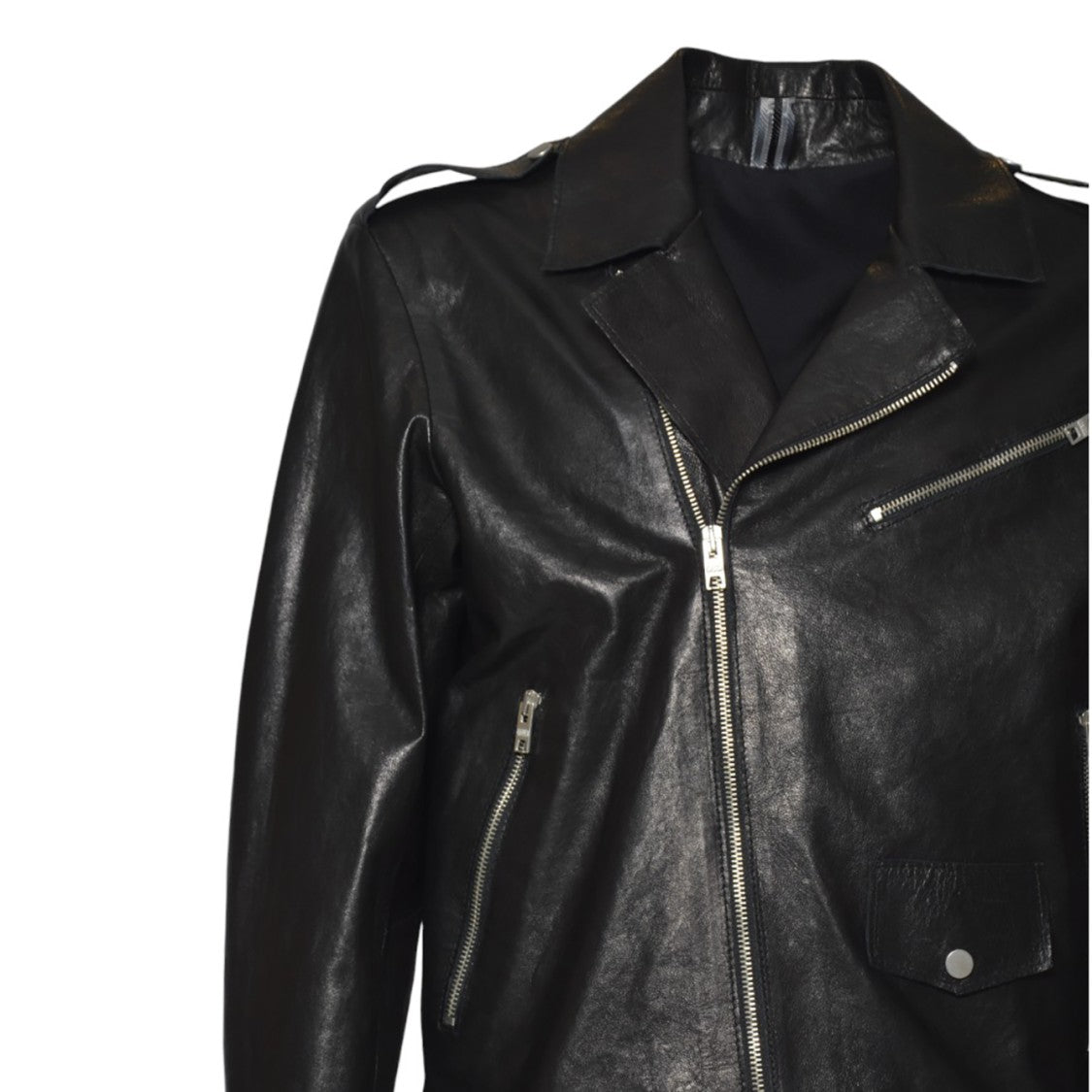 Dfour Asymmetrical Black Leather Jacket With Multi-Pocket Design