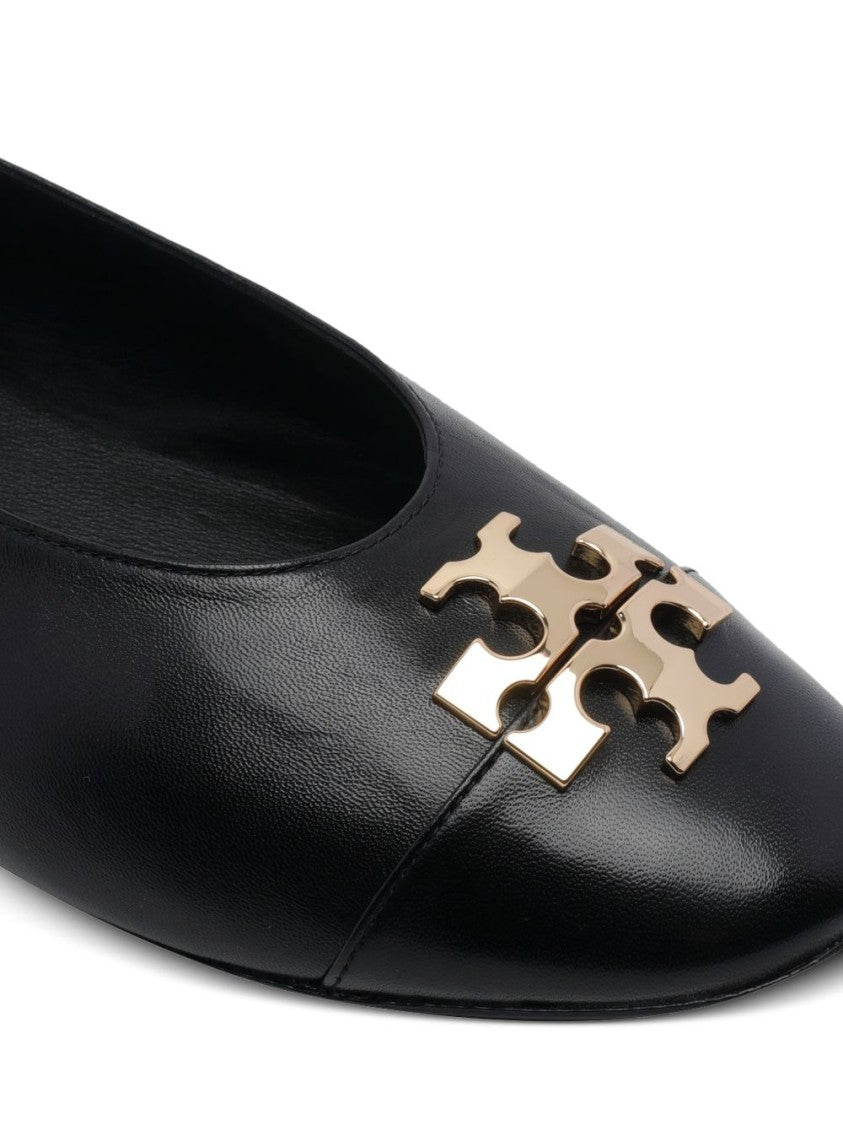 Tory Burch Black Pointed Toe Metallic Logo Detail Flats