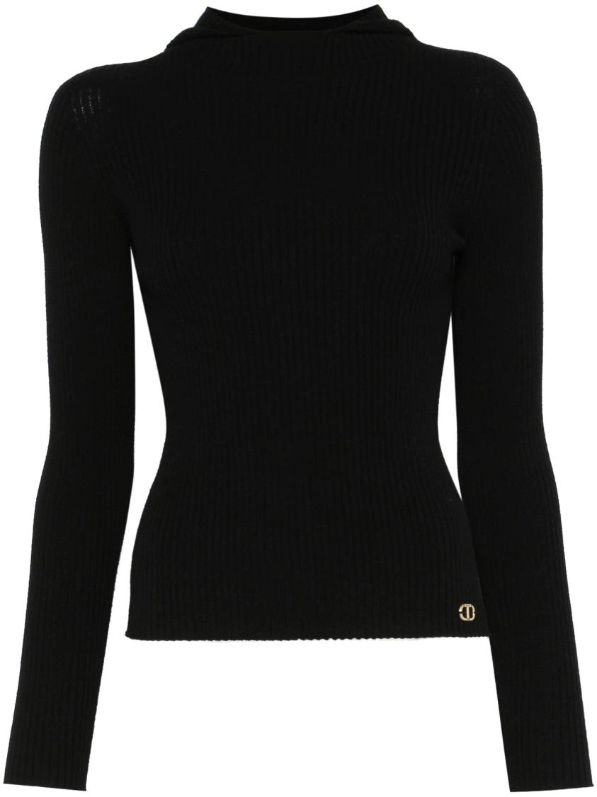 Twin-Set Ribbed Black Viscose Jumper With High Neckline