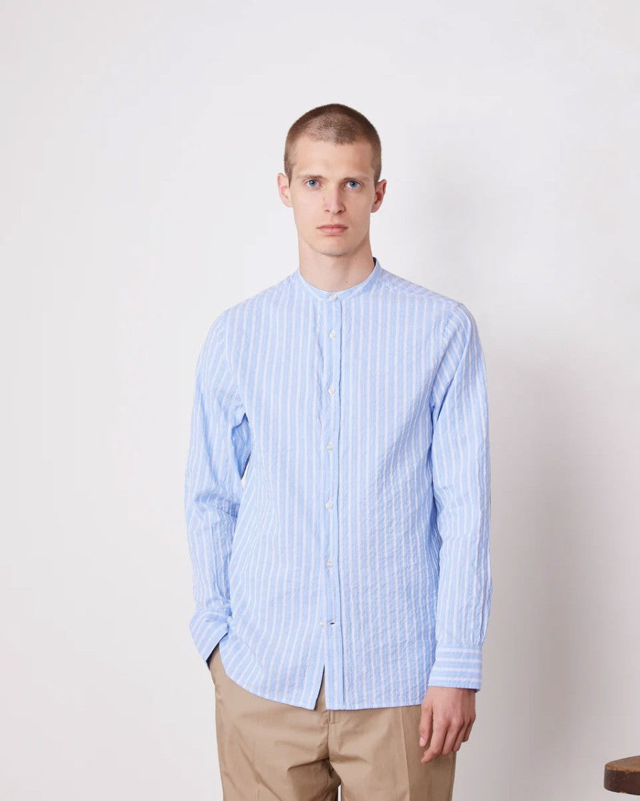 Officine Generale Band Collar Shirt With Gathered Pleats