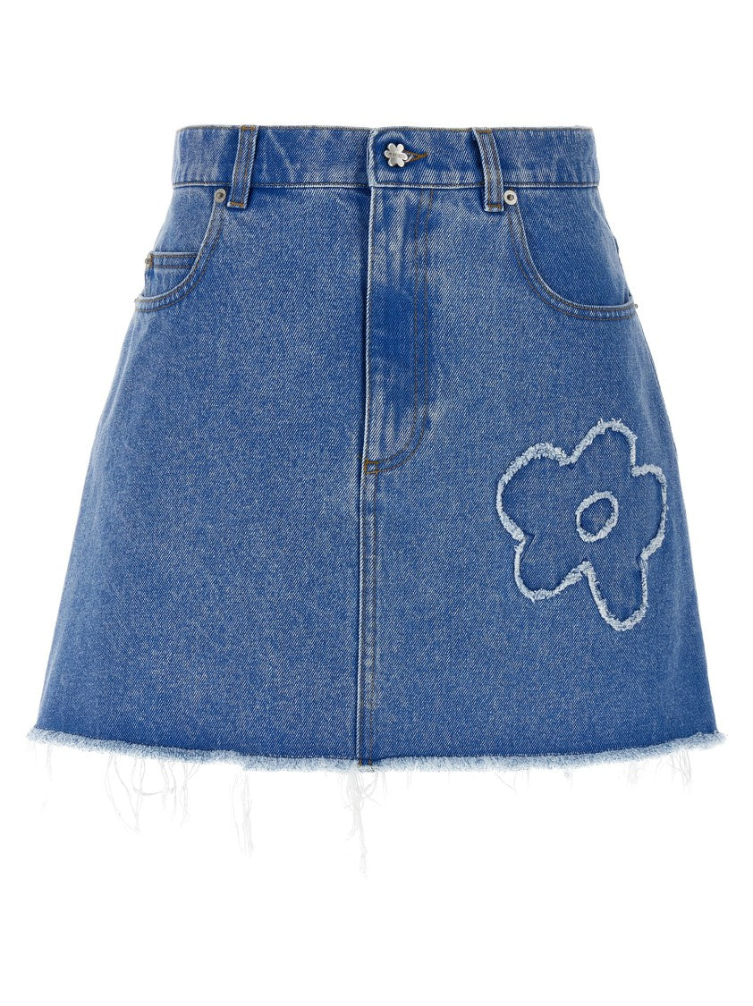 Marni Denim Mini Skirt With Floral Patch Detail And Frayed Hem