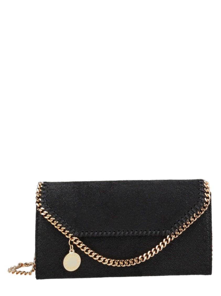 Stella Mccartney Textured Black Wallet With Gold-Tone Chain Trim
