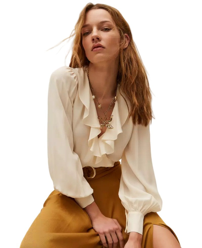 Twin-Set White Viscose-Blend Crêpe De Chine Crossover Ruffled Blouse