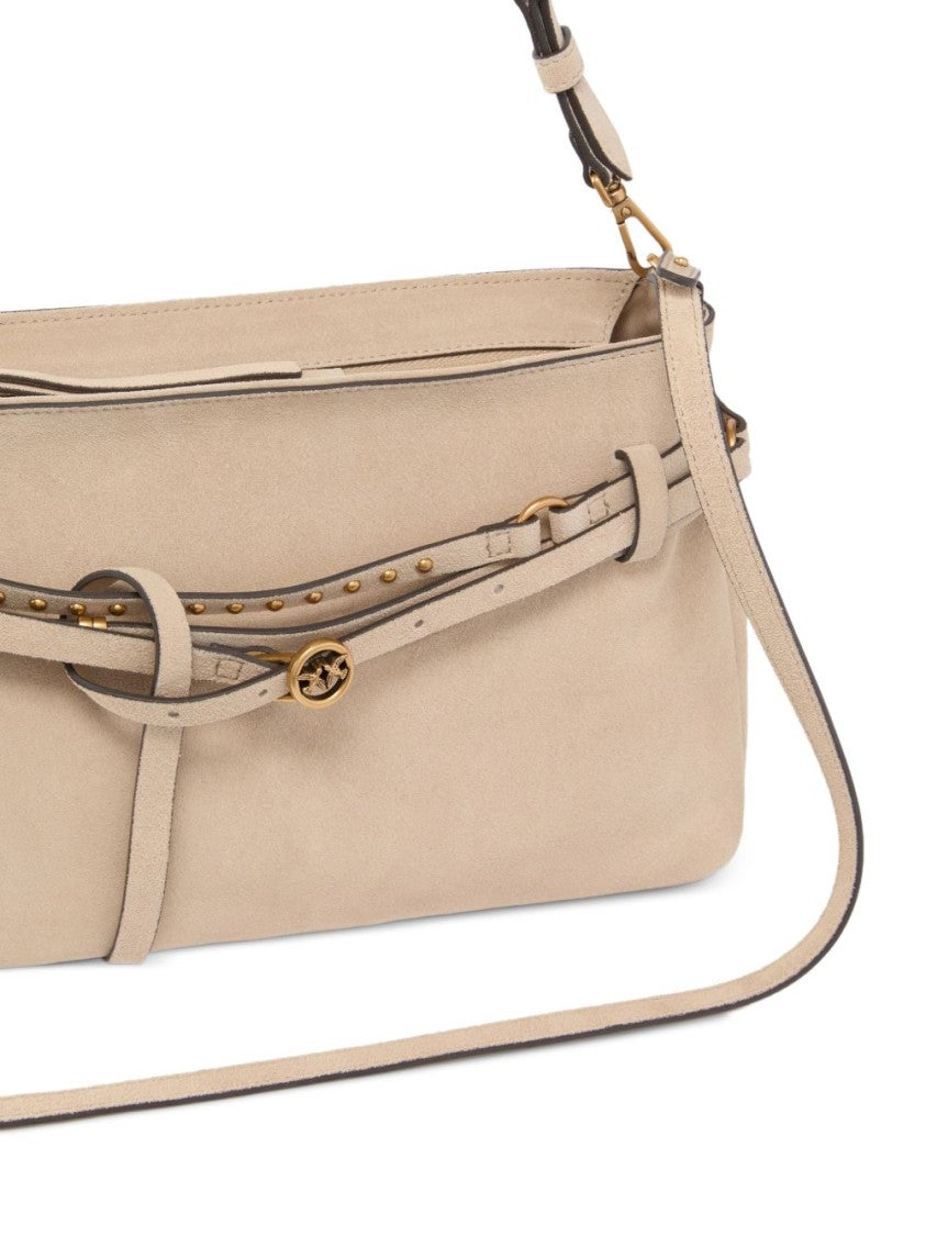 Pinko Structured Beige Calf Leather Shoulder Bag With Gold Accents