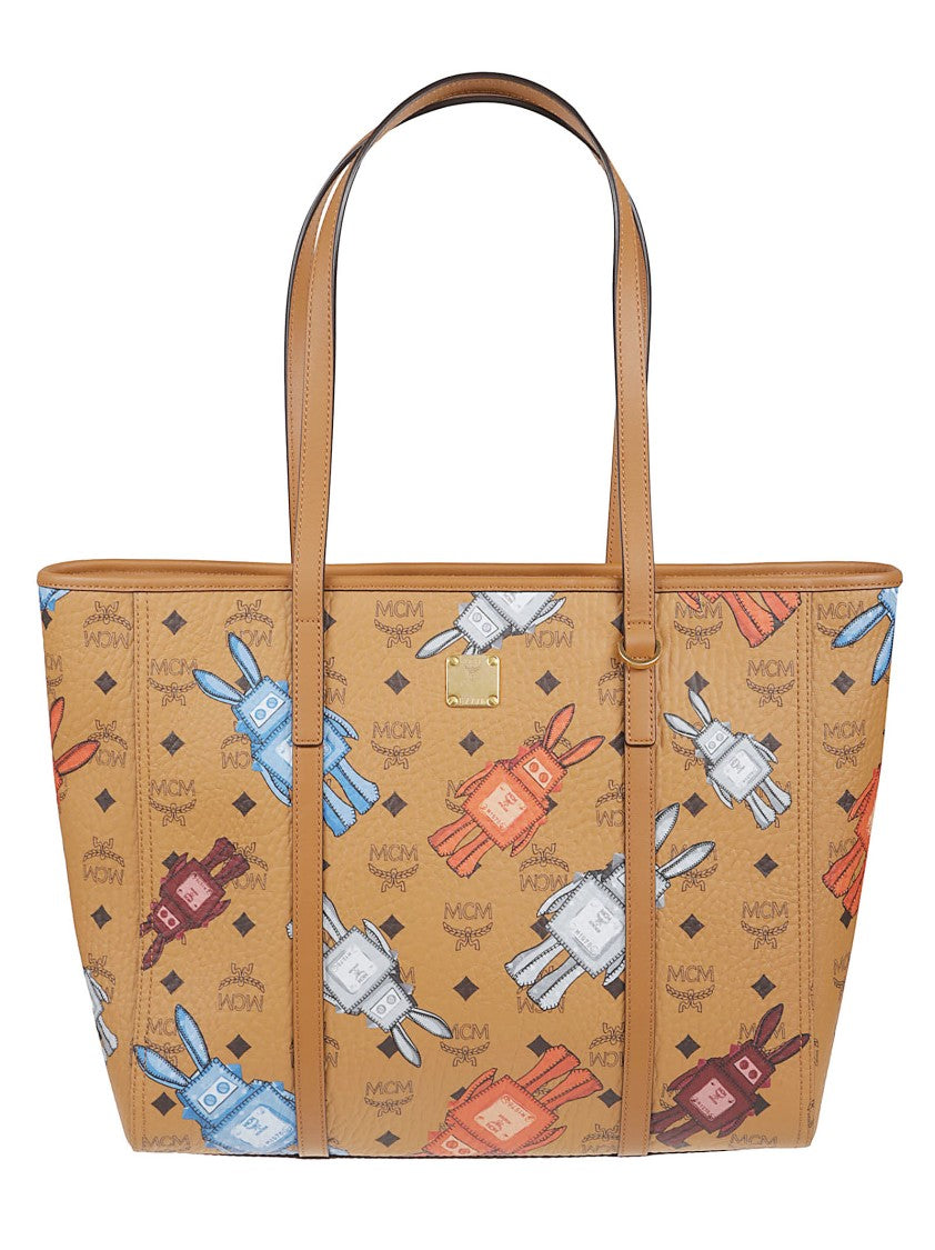 Mcm Structured Tote Bag With Colorful Robot Pattern And Leather Trims