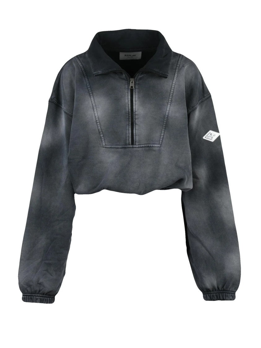 Replay Cropped Half-Zip Vintage Wash Cotton Sweatshirt
