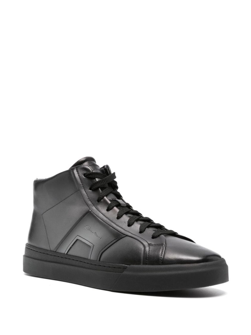 Santoni Grey Calf Leather Sneaker With Logo