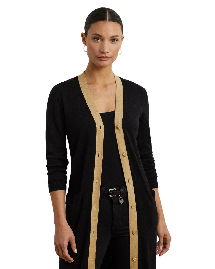 Lauren Ralph Lauren Long Sleeve Cardigan With Birch Tan Trim