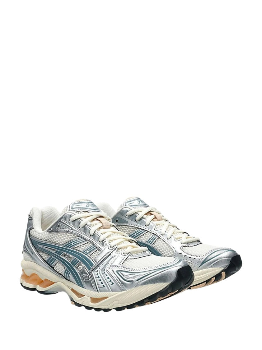 Asics Beige Mesh Sneakers With Metallic Silver Overlays And Teal Accents