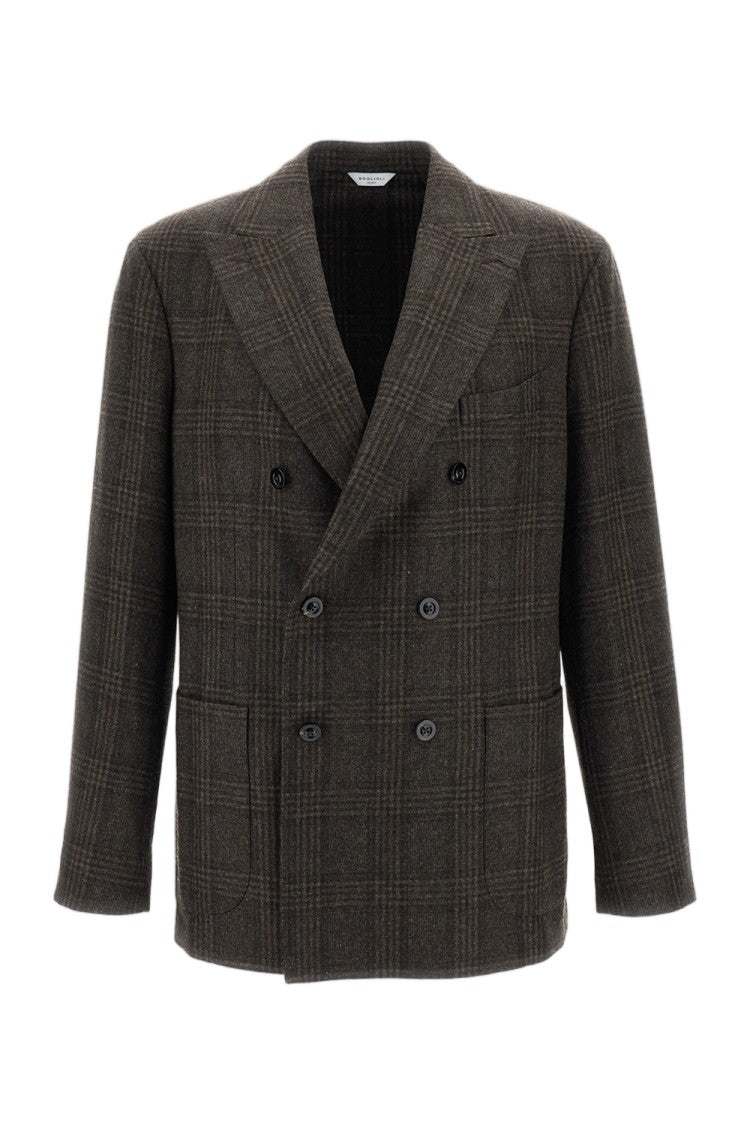 Boglioli Brown Check Pattern Wool Peak Lapels Double-Breasted Blazer