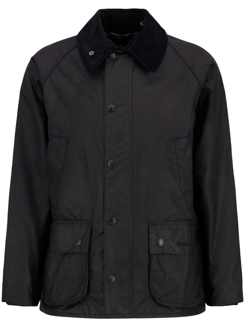 Barbour Waxed Cotton Jacket With Corduroy Collar And Flap Pockets