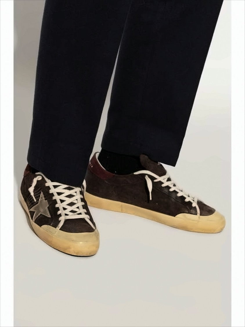 Golden Goose Distressed Black Suede Sneakers With Burgundy Heel Tab